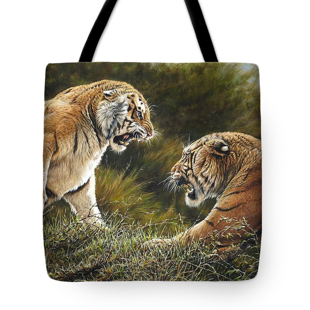 Wildlife Paintings Tote Bag featuring the painting Lovers Tiff by Alan M Hunt