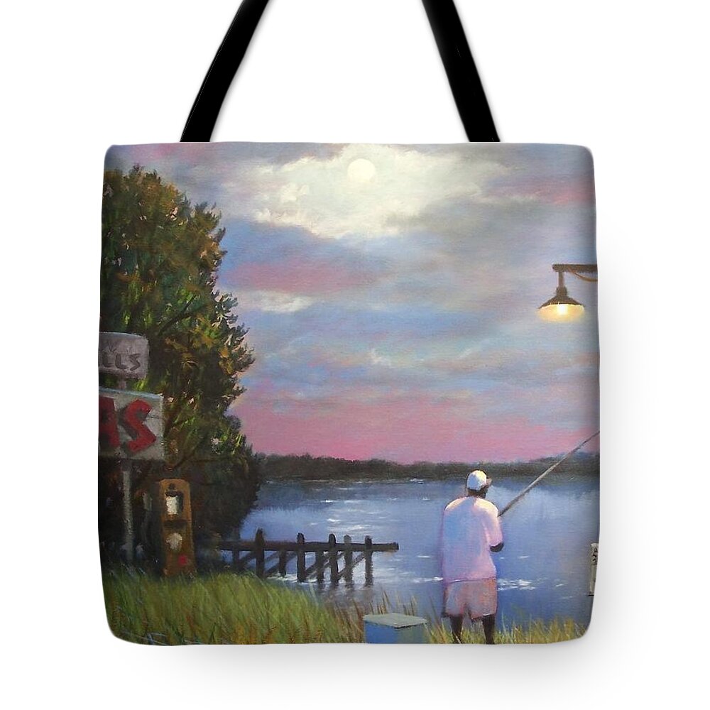 Low Falls Landing Tote Bag featuring the painting Low Falls Landing with Fisherman by Blue Sky