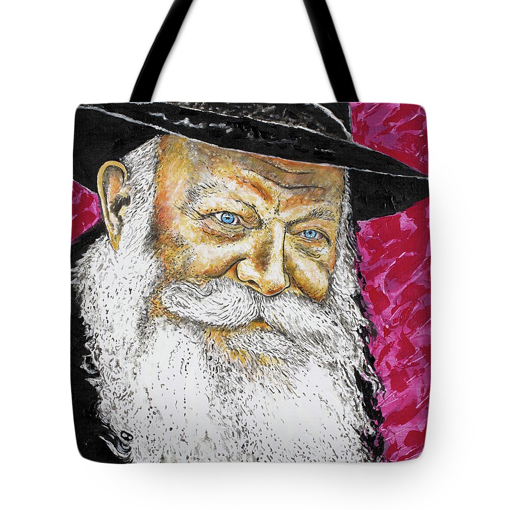 Rabbi Tote Bag featuring the painting Lubavitcher Rebbe Pinkish by Yom Tov Blumenthal