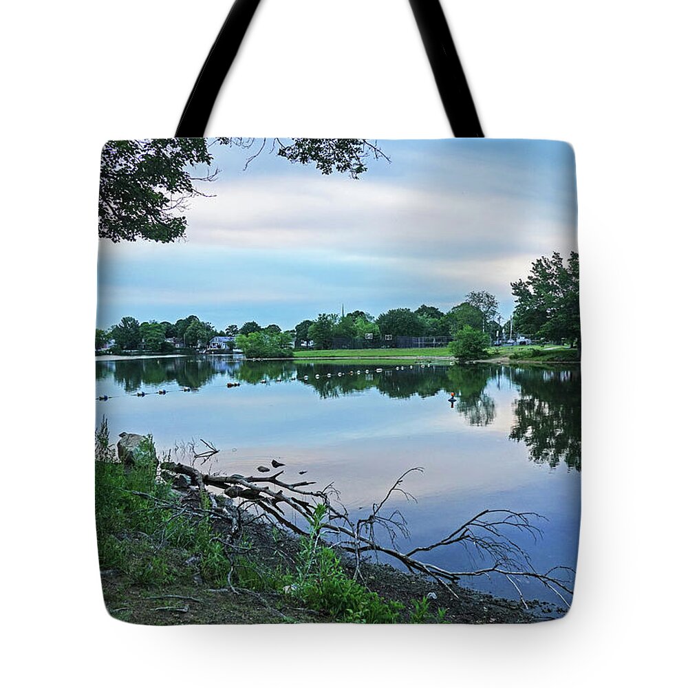 Lynn Tote Bag featuring the photograph Lynn MA Flax Pond Sunrise Clouds by Toby McGuire