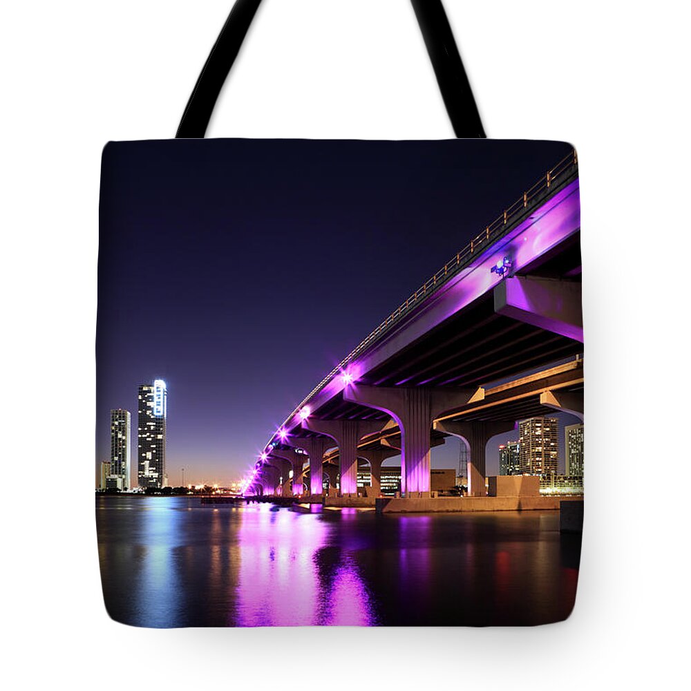 Tranquility Tote Bag featuring the photograph Macarthur Causeway And Miami, Florida by Jumper