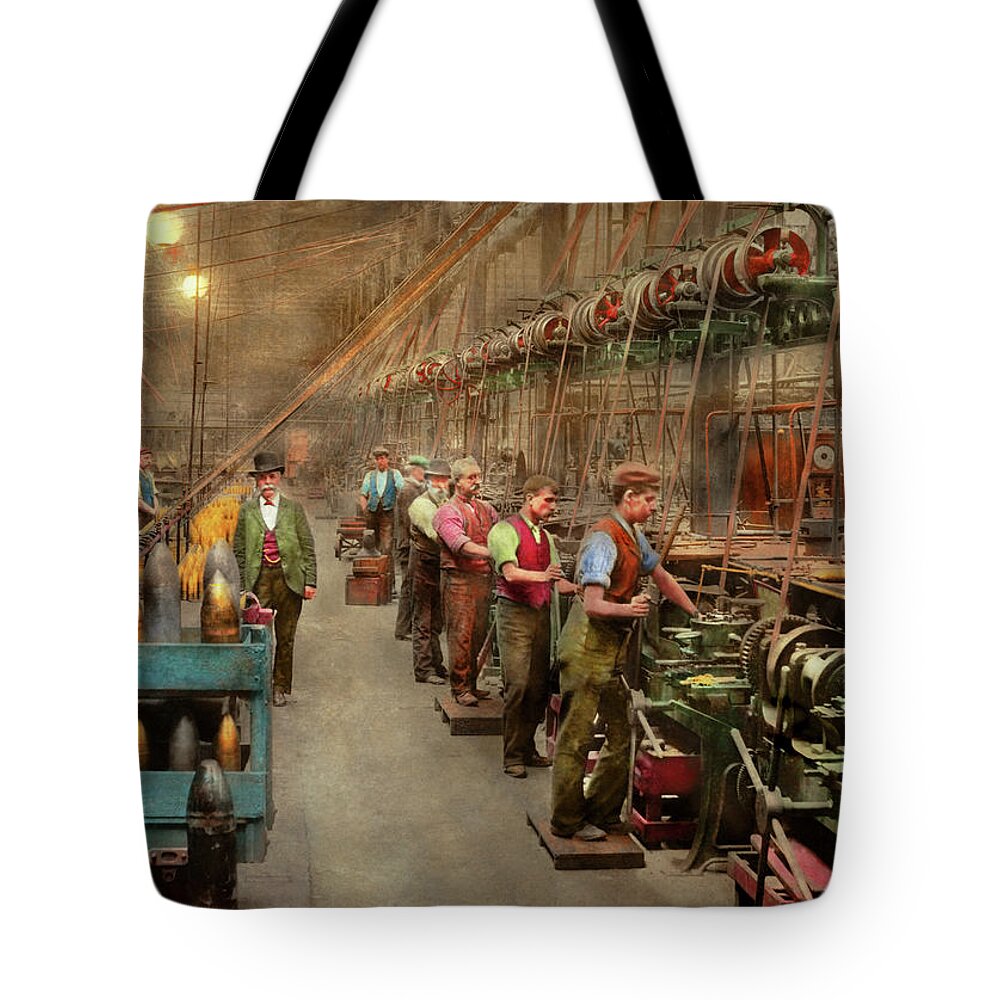 Machinist Tote Bag featuring the photograph Machinist - War - The shell dept 1900 by Mike Savad