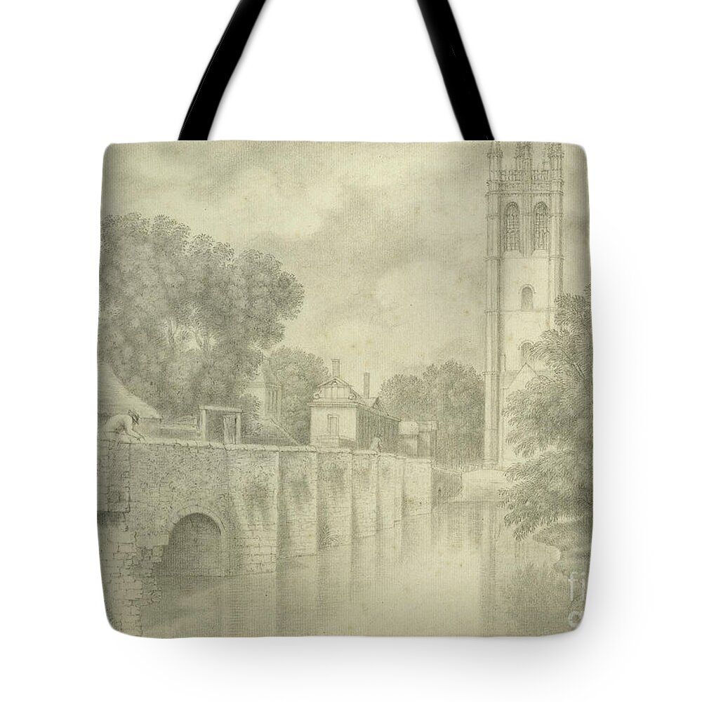 Bridge Tote Bag featuring the painting Magdalen Bridge And Tower Graphite by John Baptist Malchair