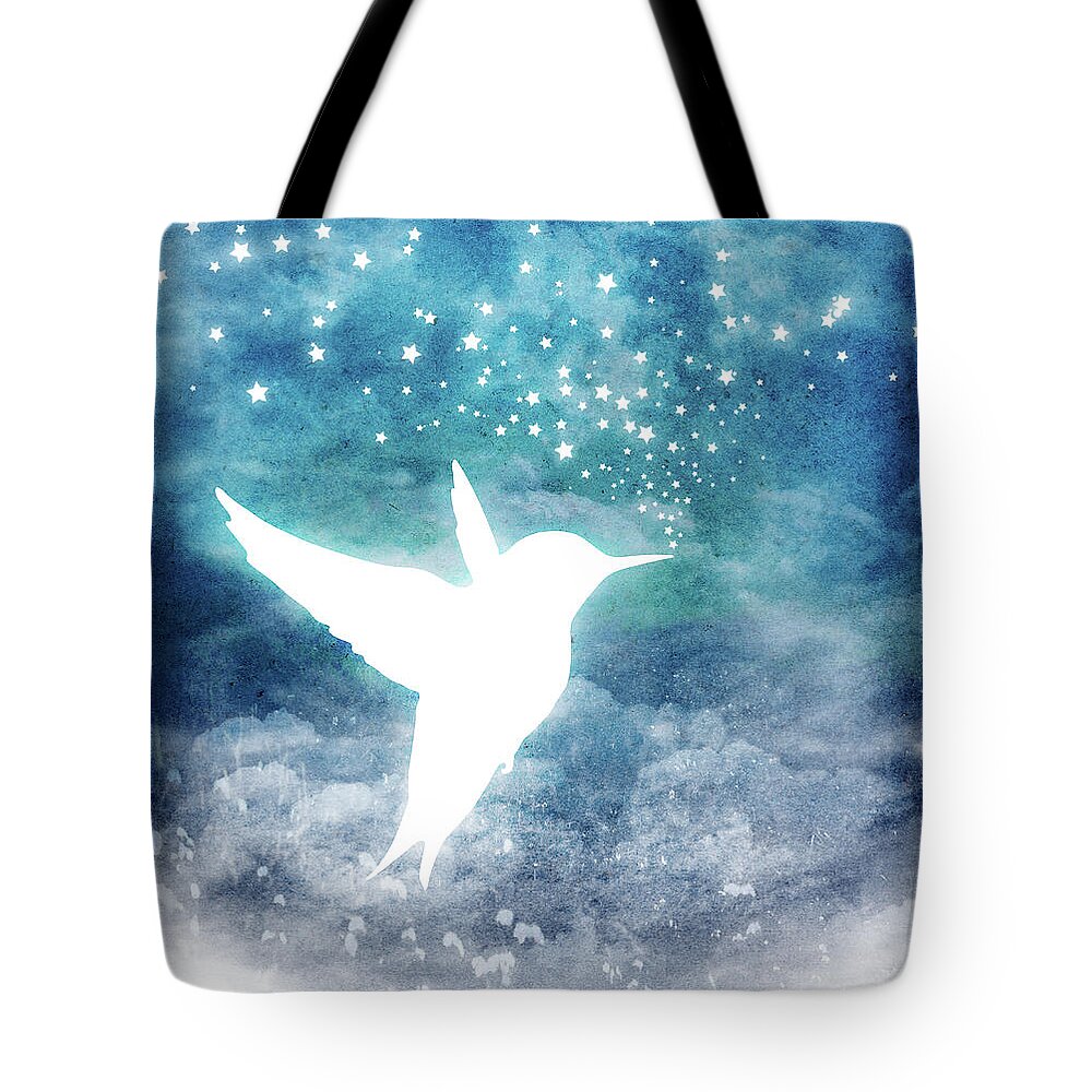 Hummingbird Tote Bag featuring the digital art Magical, Whimsical Spirit Hummingbird Drinking Stars by Laura Ostrowski
