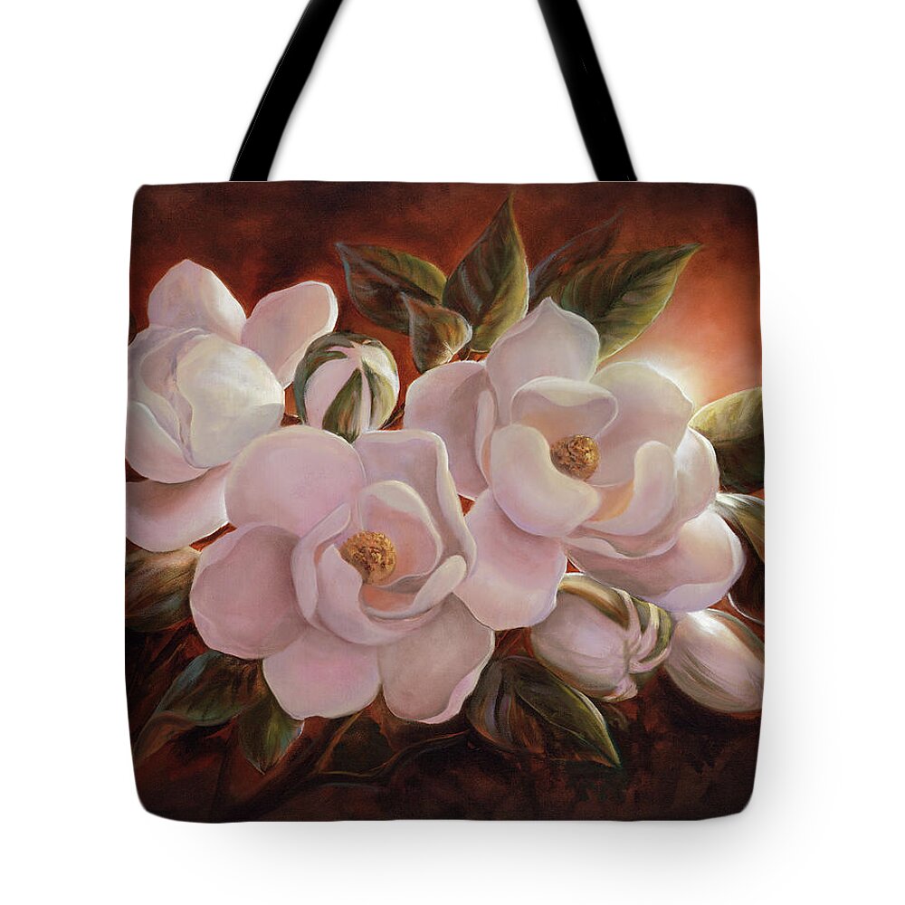 Magnolia Tote Bag featuring the painting Magnolia Sunrise by Lynne Pittard