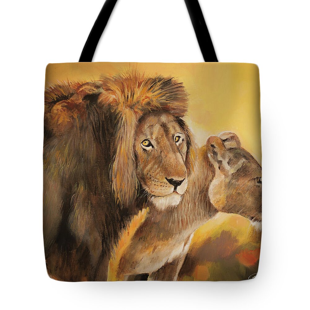 Lion Tote Bag featuring the painting Majestic Pair by Bill Dunkley
