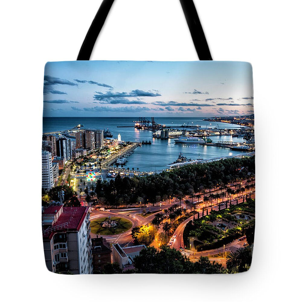 Spain Tote Bag featuring the photograph Malaga At NIght by Timothy Hacker