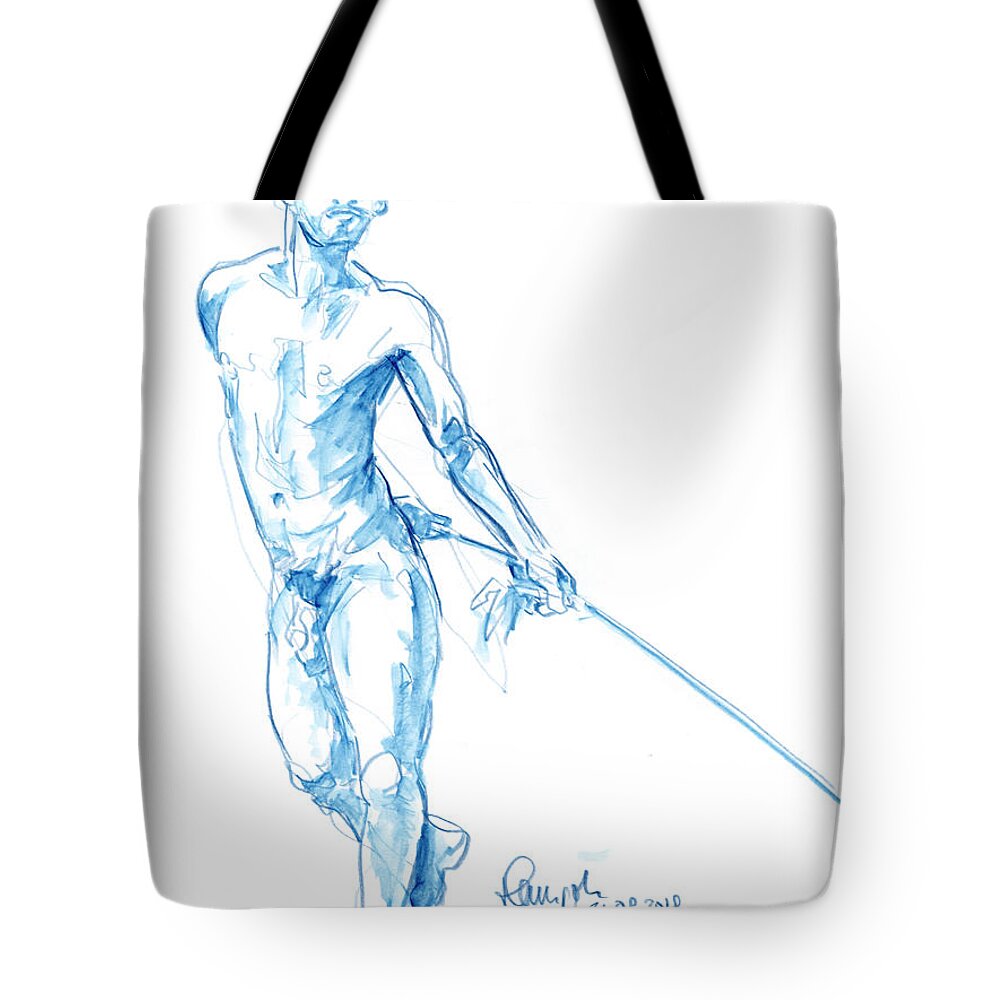 Figure Drawing Tote Bag featuring the drawing Male Figure Drawing Standing Pose Rope Watercolor Pencil by Frank Ramspott