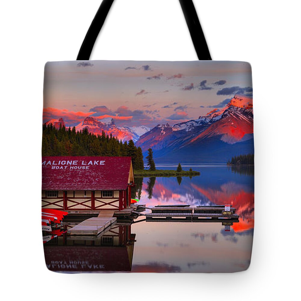 Maligne Lake Tote Bag featuring the photograph Maligne Lake Reflection Sunset Panorama Crop by Adam Jewell