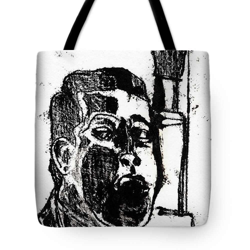Face Tote Bag featuring the drawing Man by a Plinth by Edgeworth Johnstone