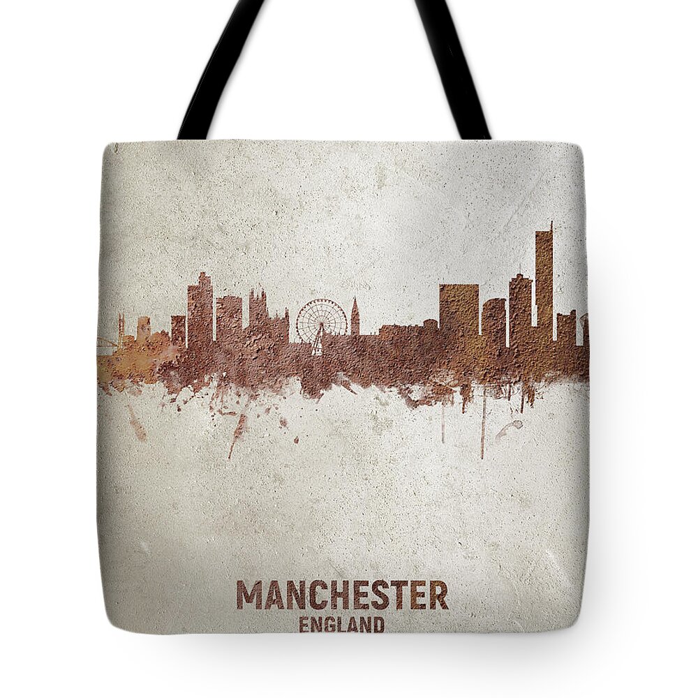 Manchester Tote Bag featuring the digital art Manchester England Rust Skyline by Michael Tompsett