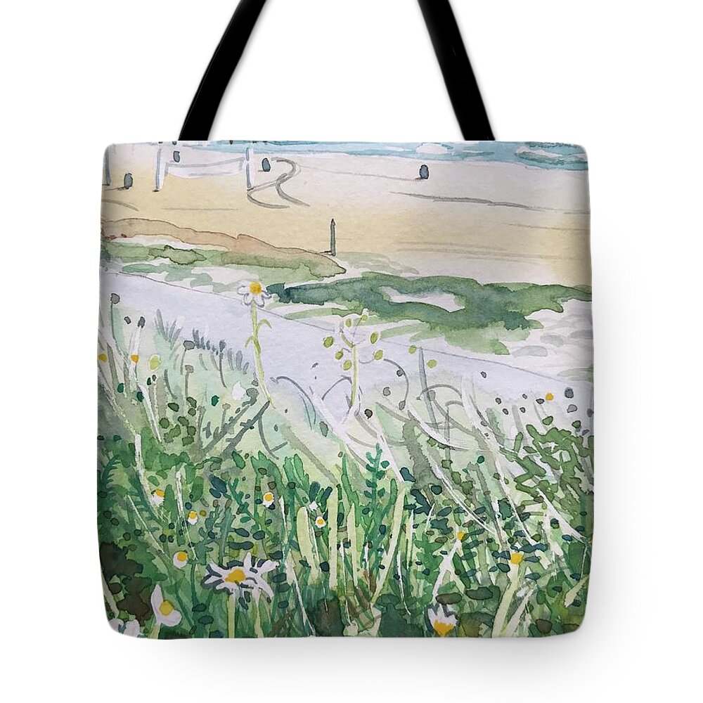 Manhattan Beach Tote Bag featuring the painting Manhattan Beach Pier by Luisa Millicent