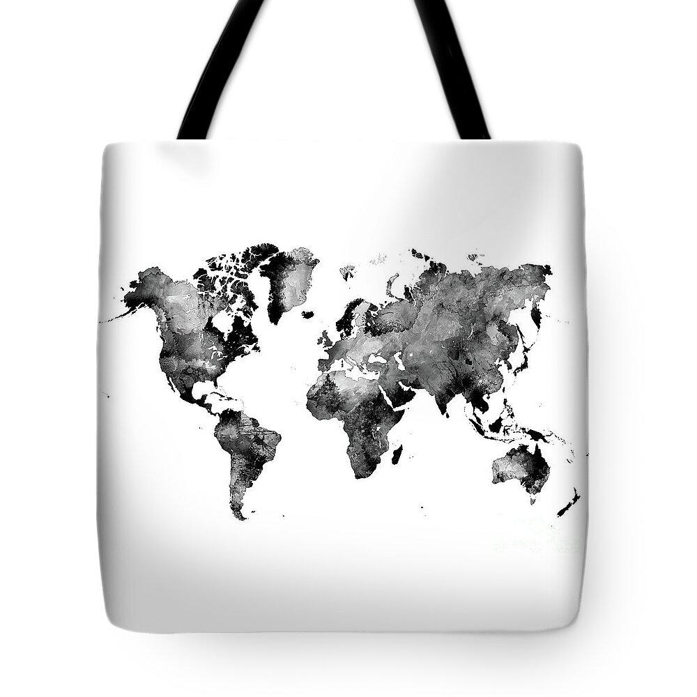 Map Of The World Tote Bag featuring the digital art Map Black And White by Justyna Jaszke JBJart