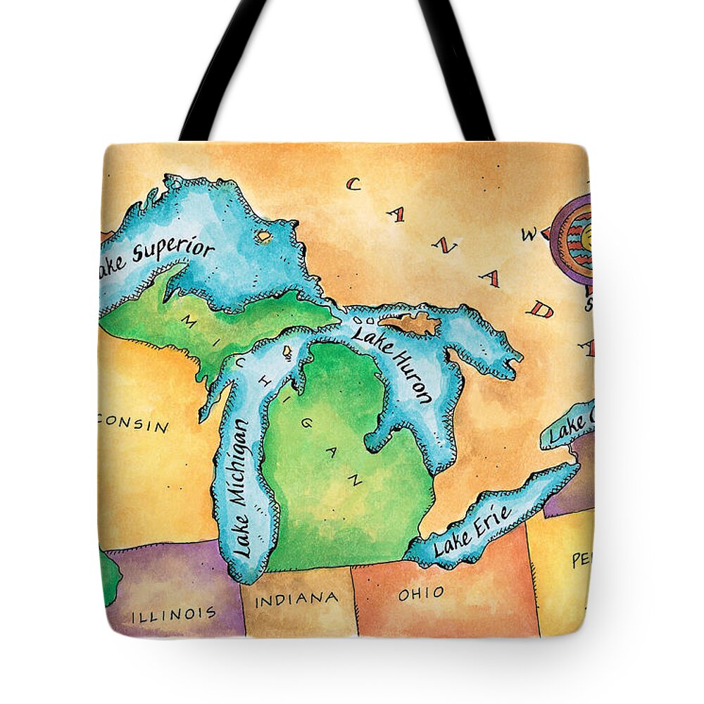 Lake Michigan Tote Bag featuring the digital art Map Of The Great Lakes by Jennifer Thermes