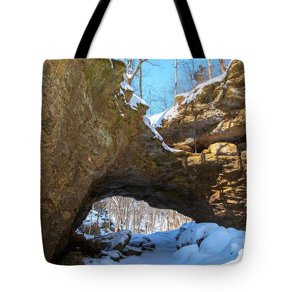 Cliffs Tote Bag featuring the photograph Maquoketa Cave Cliffs in Winter by Sandra J's