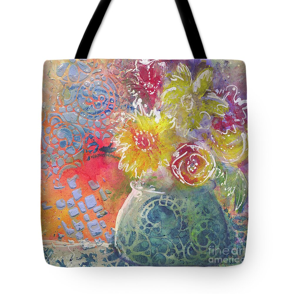 Mixed Media Tote Bag featuring the mixed media Marabu Flowers 1 by Francine Dufour Jones