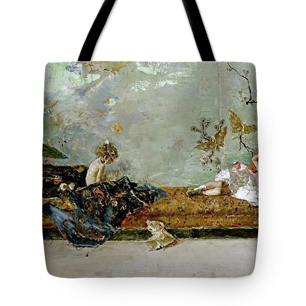 Maria Fortuny Tote Bag featuring the painting Mariano Fortuny Marsal 'The painter's children, Maria Luisa and Mariano, in the Japanese Room',1874. by Mariano Fortuny y Marsal -1838-1874-