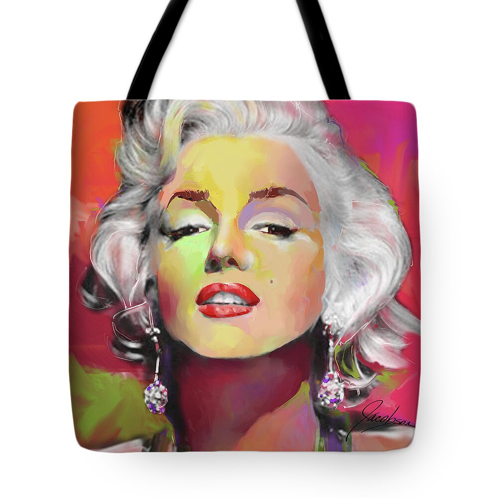 Marilyn Tote Bag featuring the painting Marilyn Monroe 5 Red by Jackie Medow-Jacobson