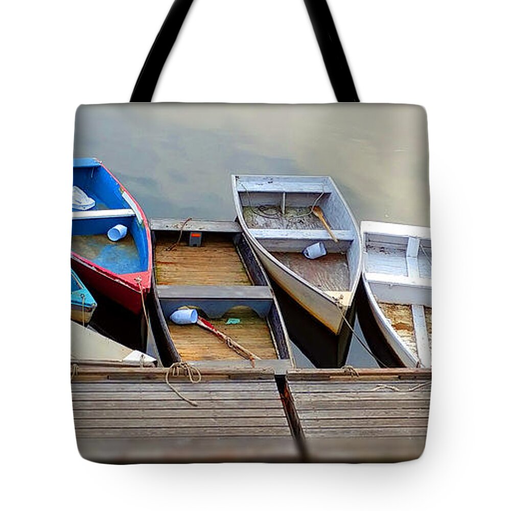 Boats Tote Bag featuring the photograph Mariner's Que by Vicky Edgerly