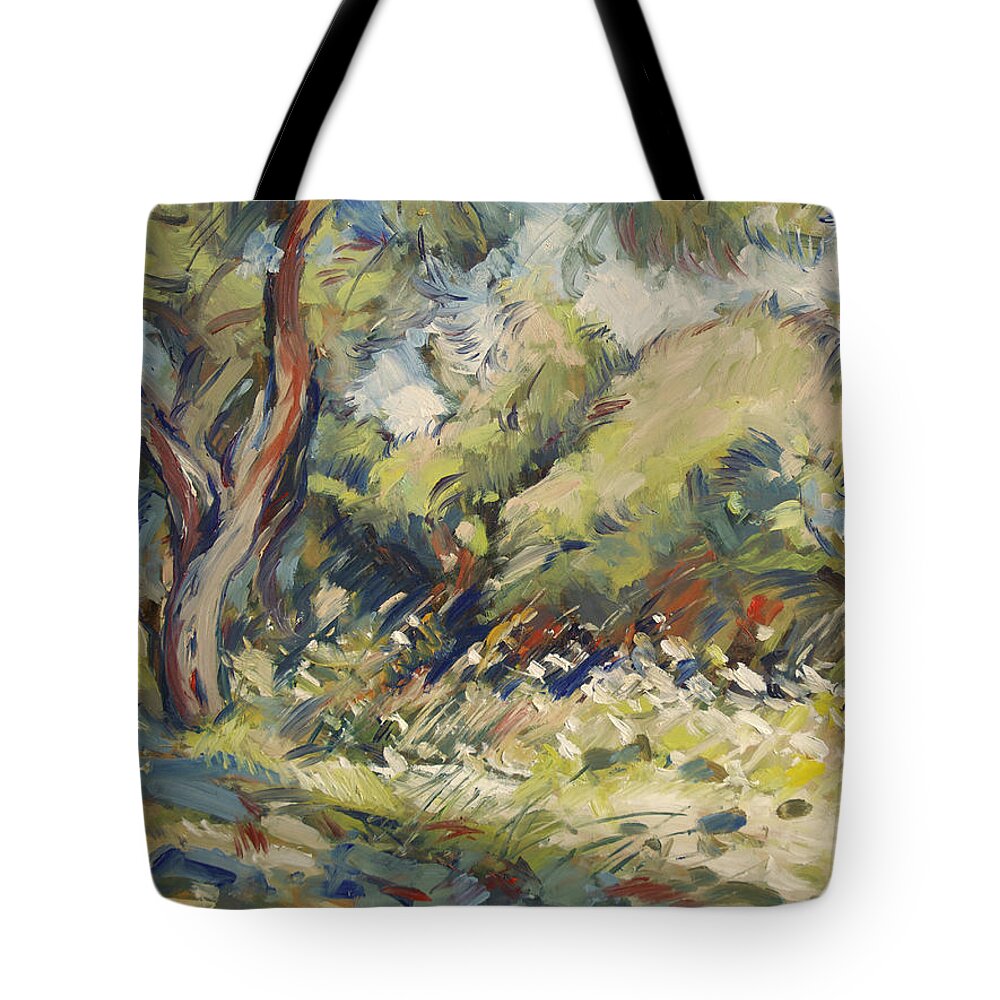 Paxos Tote Bag featuring the painting Marmari olive orchard Paxos by Nop Briex