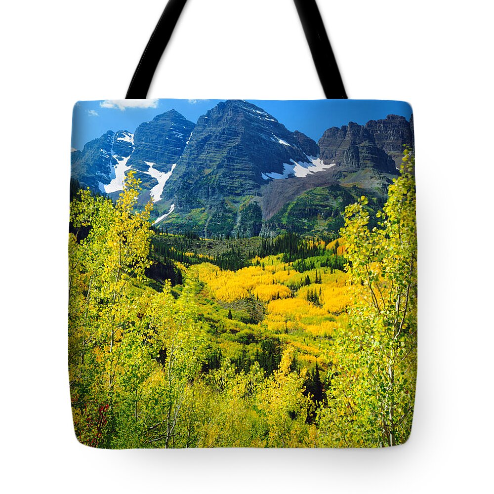 Scenics Tote Bag featuring the photograph Maroon Bells With Autumn Aspen Trees by Ron thomas