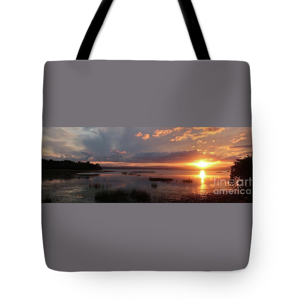 Sunset Reflections On Water Tote Bag featuring the photograph Marshland Sunset With Reflections The Island Line Trail Vermont Panorama by Felipe Adan Lerma