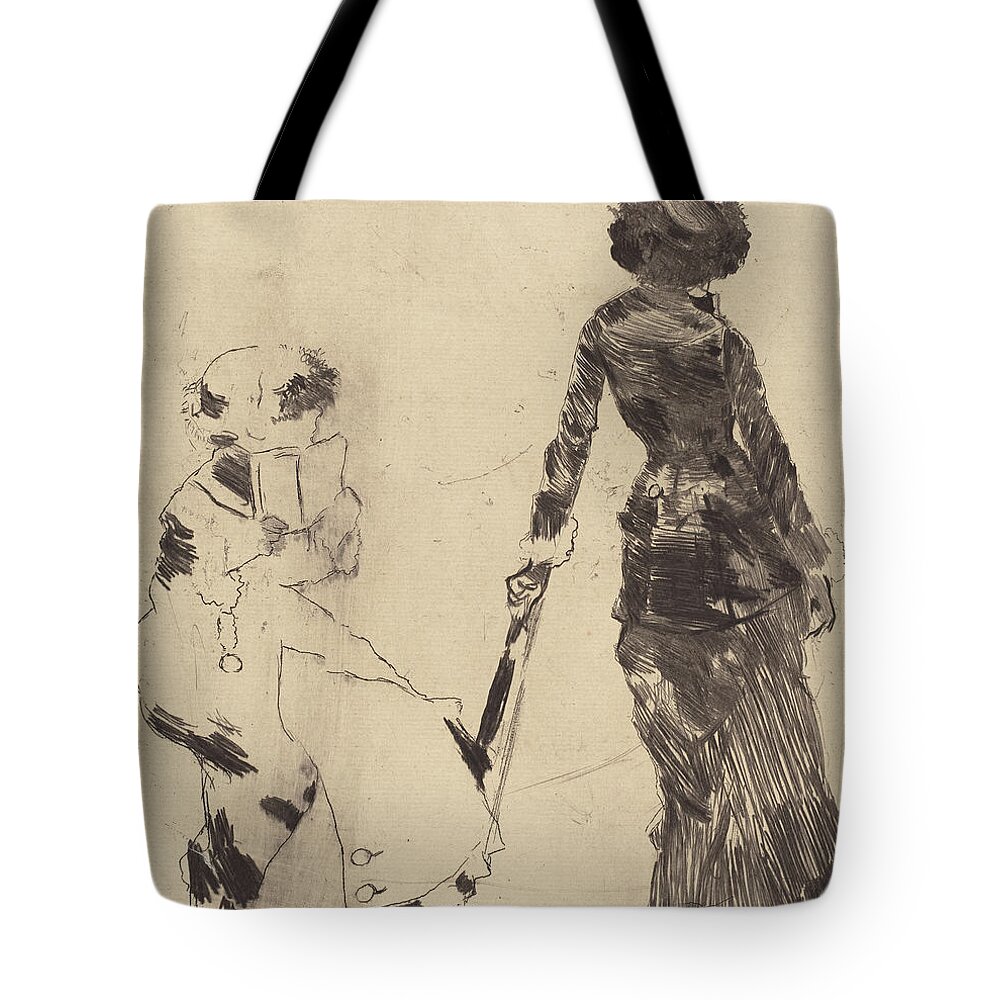 Edgar Degas Tote Bag featuring the drawing Mary Cassatt at the Louvre The Etruscan Gallery by Edgar Degas
