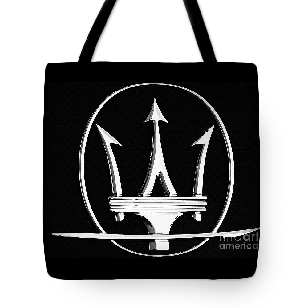 Maserati Tote Bag featuring the photograph Maserati's Trident badge by Stefano Senise