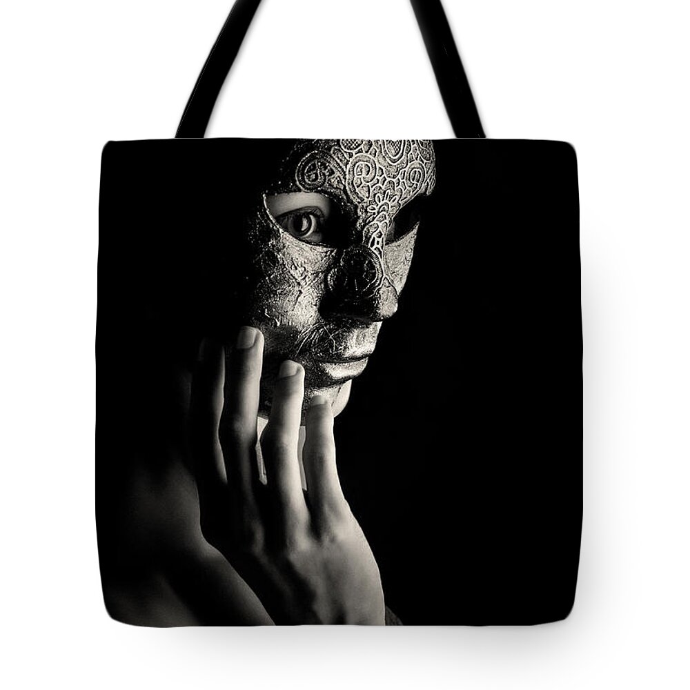 Venice Tote Bag featuring the photograph Mask in hand Fashion portrait of lady with mask Black and White by Dimitar Hristov
