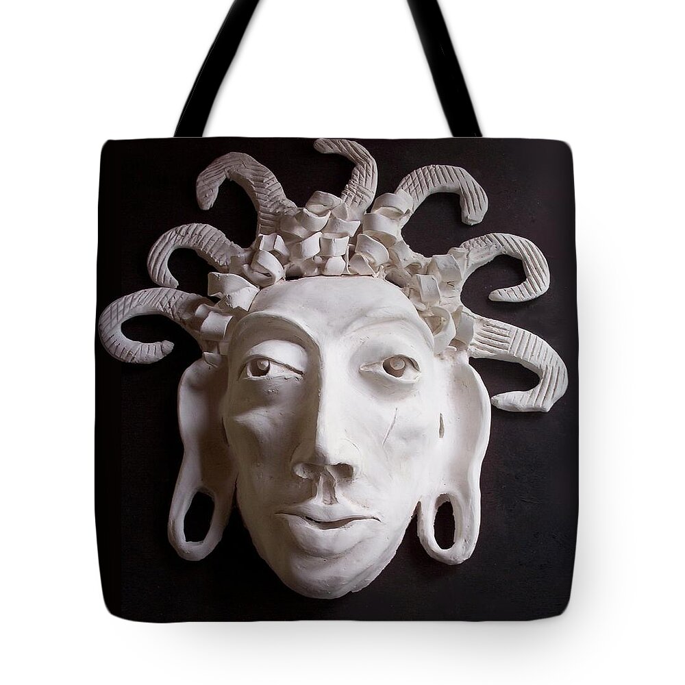 The Aztec Tote Bag featuring the ceramic art Mask The Aztec by Joan Stratton