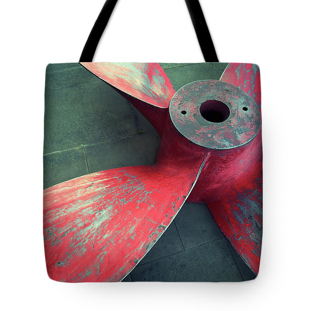 Freight Transportation Tote Bag featuring the photograph Massive Propeller Distressed Red by Peskymonkey