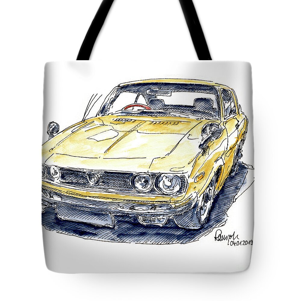 Mazda Tote Bag featuring the drawing Mazda RX87 Luce R130 Classic Car Ink Drawing and Watercolor by Frank Ramspott