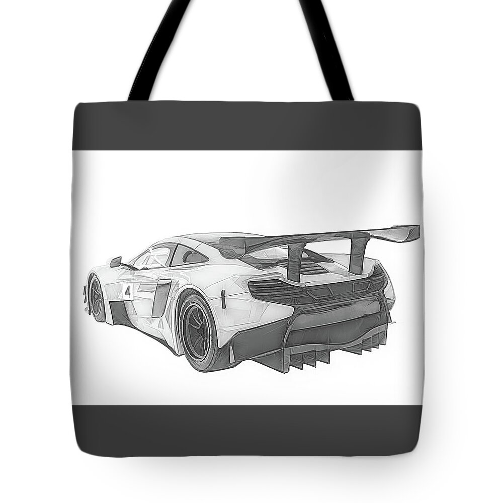 Black Tote Bag featuring the digital art McLaren 650S Race Car by Rick Deacon