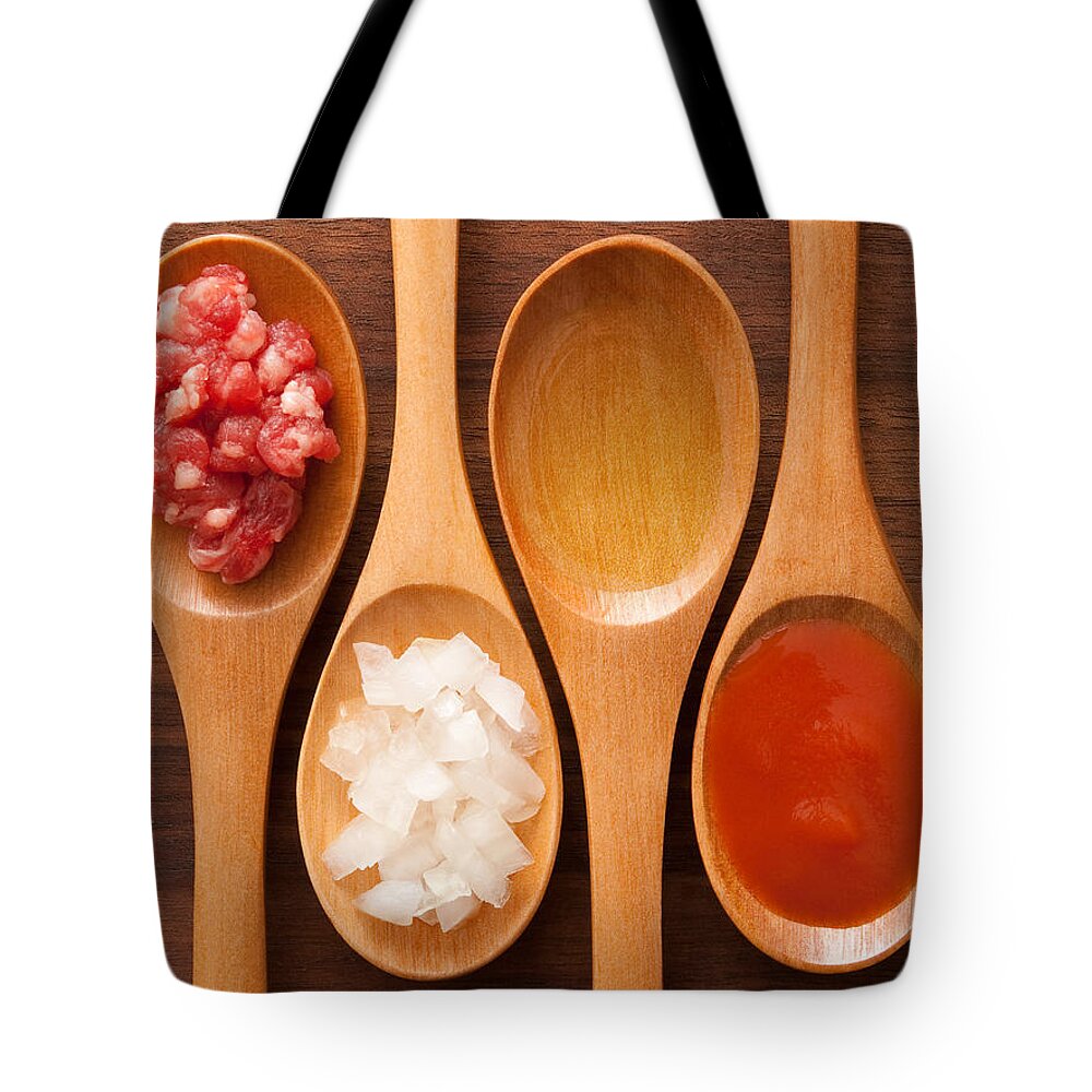 Italian Food Tote Bag featuring the photograph Meat And Tomato Sauce Ingredients by Fotografiabasica