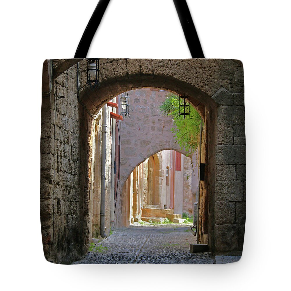 Greece Tote Bag featuring the photograph Medieval City in Rhodes by M Kathleen Warren