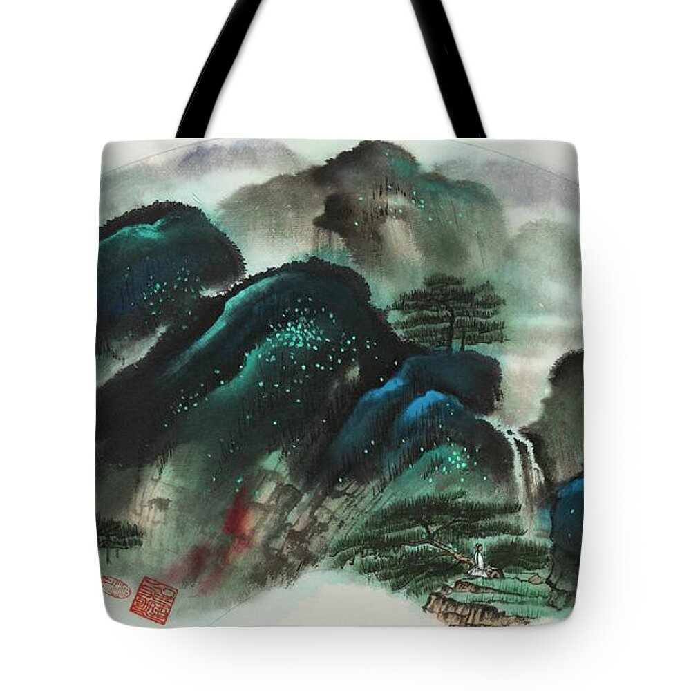 Chinese Watercolor Tote Bag featuring the painting Meditation Among the Pines by Jenny Sanders