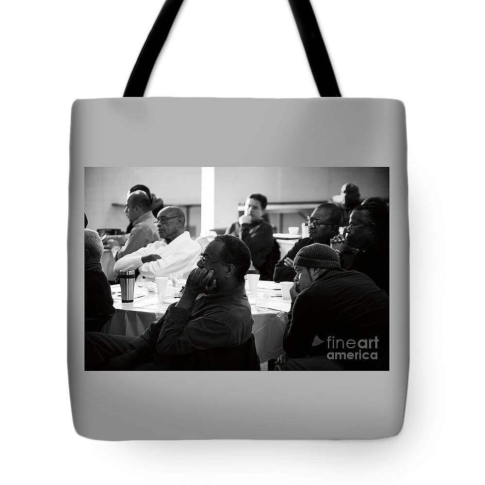 People Tote Bag featuring the photograph Men Listening at Prayer Breakfast by Frank J Casella