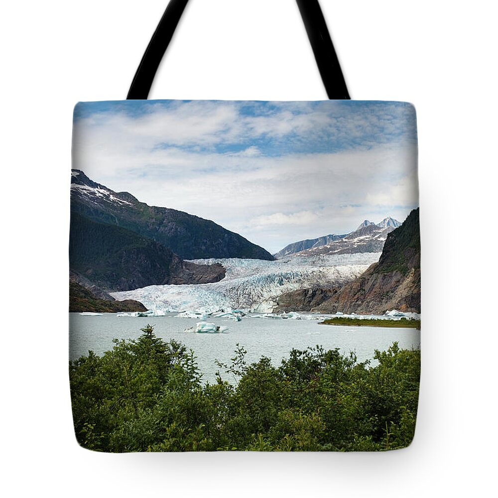 Water's Edge Tote Bag featuring the photograph Mendenhall Glacier And Bay by Blake Kent / Design Pics