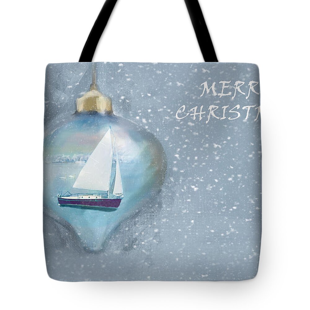 Merry Christmas Sailboat Ornament Tote Bag featuring the photograph Merry Christmas Sailboat Ornamet by Sandi OReilly