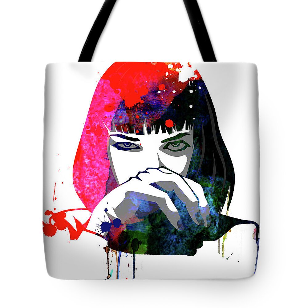 Movies Tote Bag featuring the mixed media Mia Snorting Watercolor by Naxart Studio