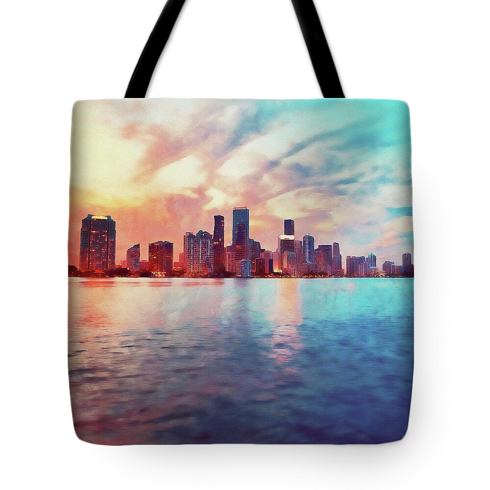 Miami Tote Bag featuring the painting Miami Cityscape - 02 by AM FineArtPrints