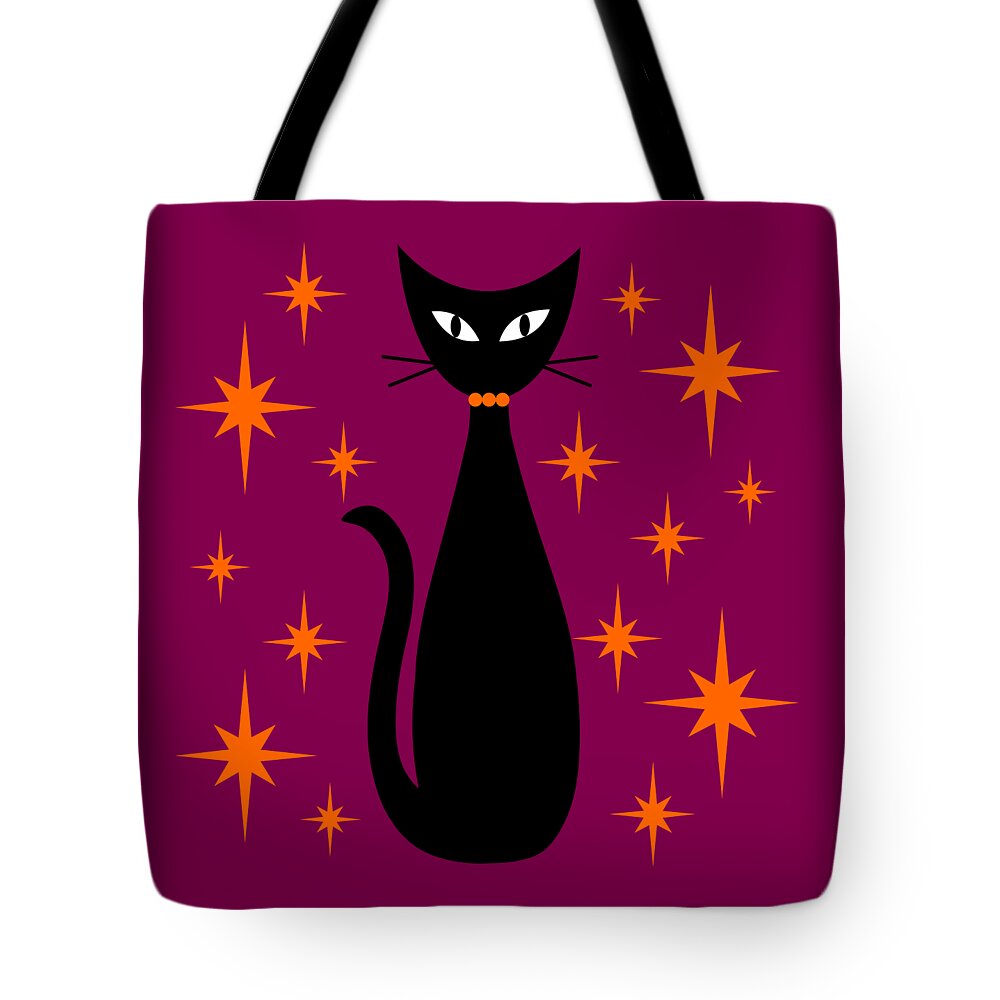 Mid Century Modern Tote Bag featuring the digital art Mid Century Cat with Orange Starbursts by Donna Mibus
