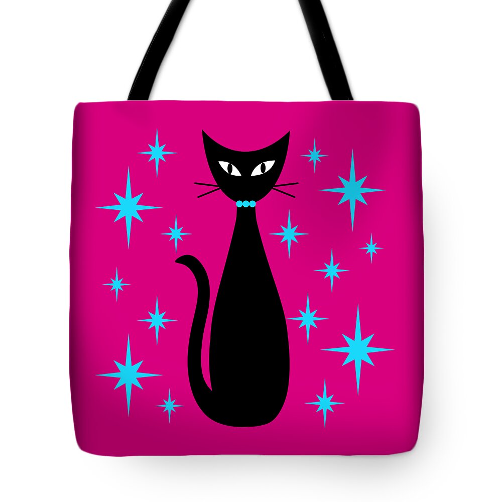Mid Century Modern Tote Bag featuring the digital art Mid Century Cat with Turquoise Starbursts by Donna Mibus