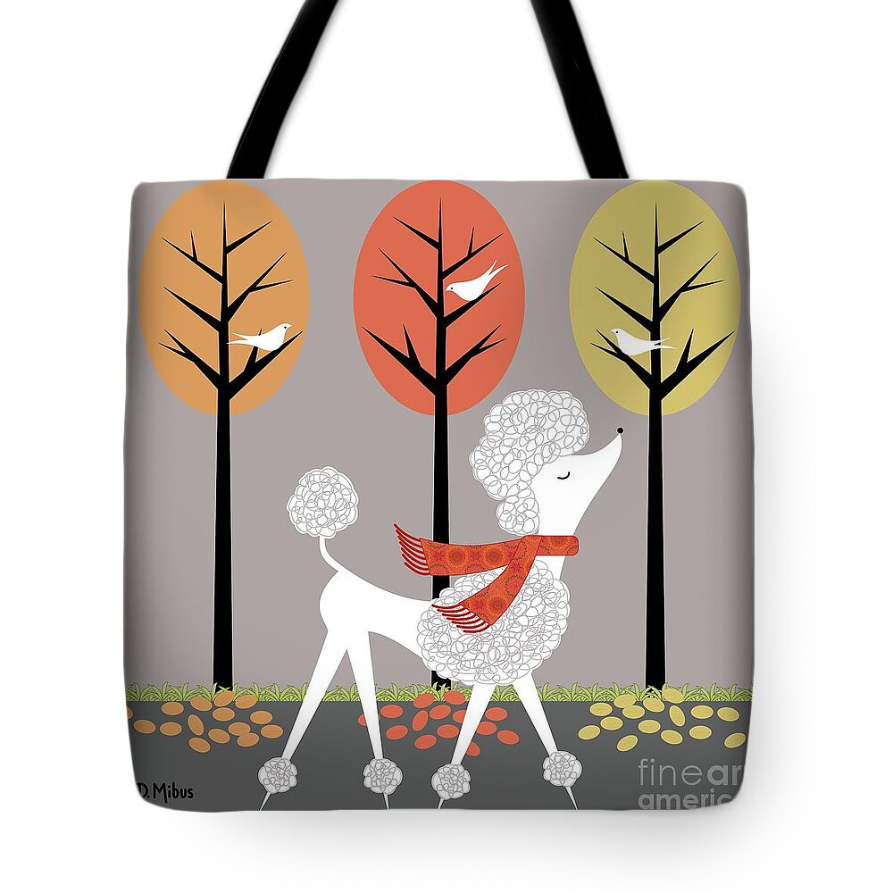 Spoo Tote Bag featuring the digital art Mid Century White Poodle Fall by Donna Mibus