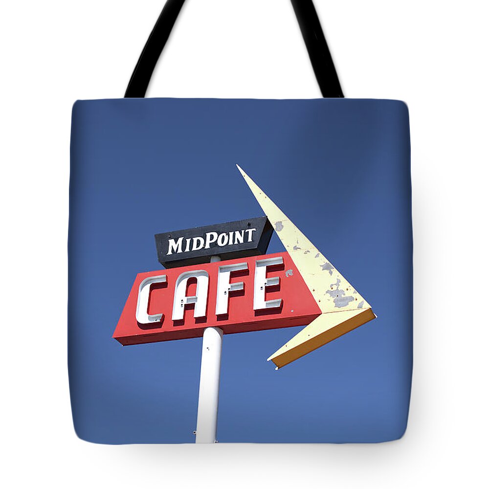 Sign Tote Bag featuring the photograph Mid Point Cafe Sign by Deborah Ritch