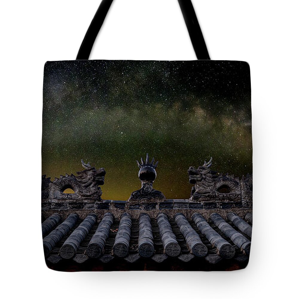 Landscape Tote Bag featuring the photograph Milky Way Arch over Chinese Temple Roof by William Dickman