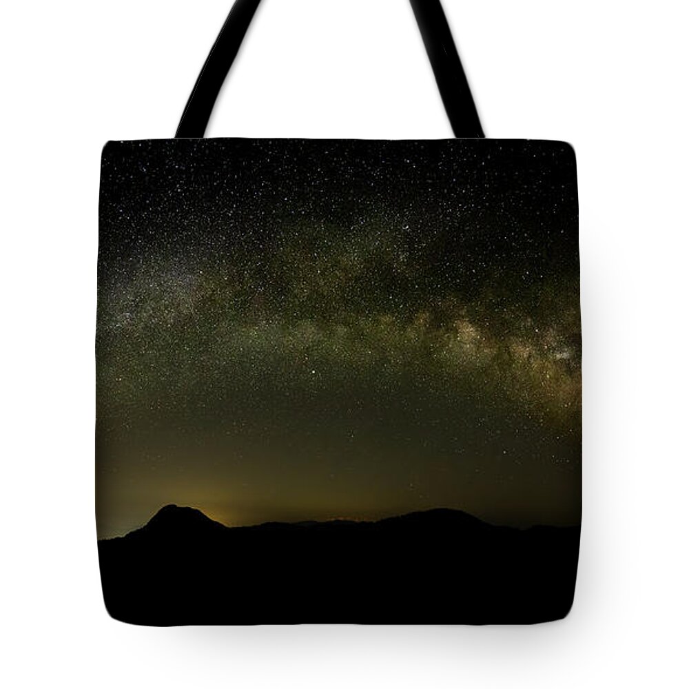 Landscape Tote Bag featuring the photograph Milky Way Arch Panorama over Tianping Mountain and Ridge-line by William Dickman