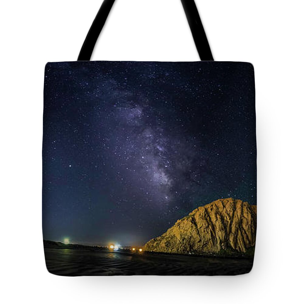 Morro Rock Tote Bag featuring the photograph Milky Way over Morro Rock by Mike Long
