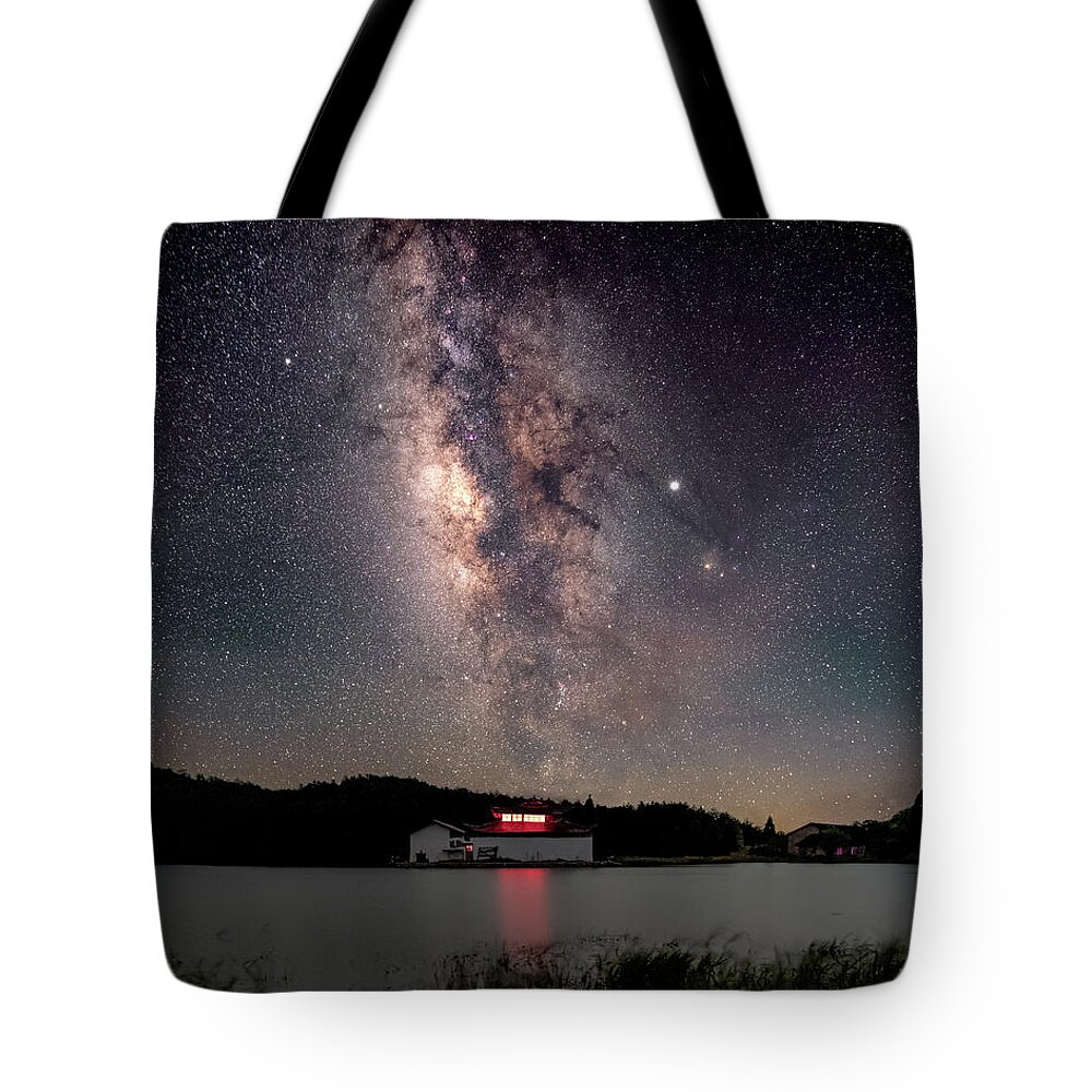 Milky Way Tote Bag featuring the photograph Milky Way over the TianPing Mountain Lake Temple by William Dickman