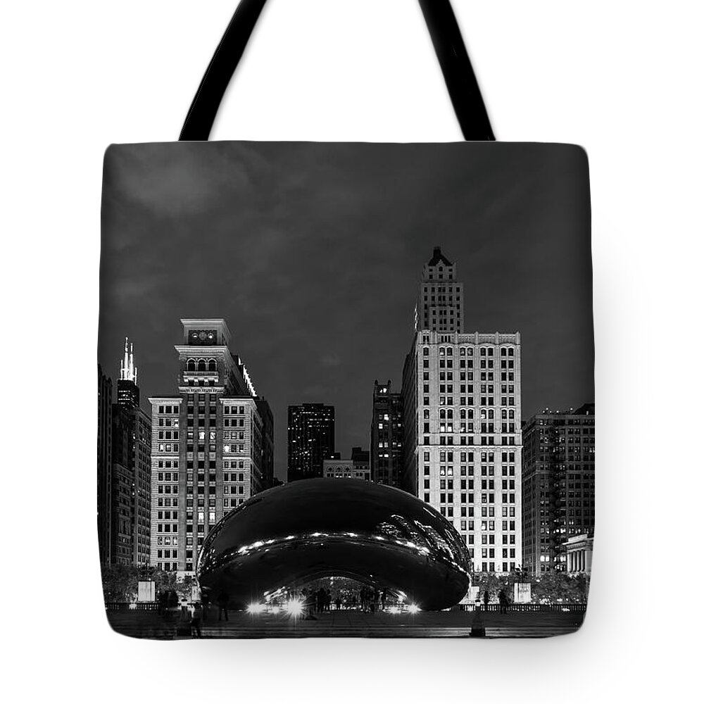 Chicago Tote Bag featuring the photograph Millennium Park At Night Grayscale by Jennifer White